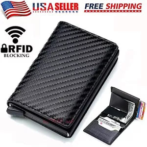 RFID Blocking LEATHER CARBON FIBER Mens Wallet Purse Slim ID Credit Card Holder